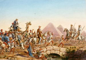 Prins Albert av Preussen med sitt följe på rundtur till pyramiderna i Giza (akvarell på papper) av Johannes Rabe