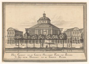 Utsikt över den nya holländska kyrkan i Batavia Utsikten från Groote Hollandse Kerk till Batavia Te Sien från andra sidan Groote Revier (titel på objekt) av Johannes Rach