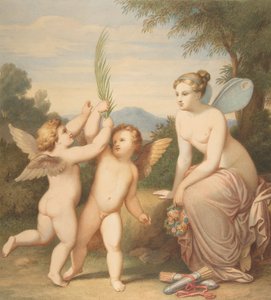 Eros och Anteros med psyke som tittar på dem, 1810-60. av Johannes Riepenhausen