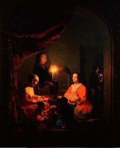 En familj i en interiör med levande ljus av Johannes Rosiere