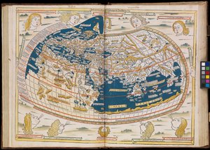 Den första utgåvan av Ptolemaios tryckt i Tyskland, och den första med träsnittskartor. Originalinbindning. av Johannes Schnitzer