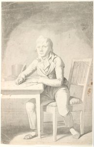 Ung skrivande pojke sitter vid ett bord av Johannes Senn