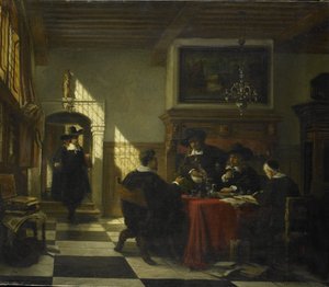 Sällskap i 1600-talsdräkt vid ett bord på vilket en Nautilus-kopp av Johannes Stroebel