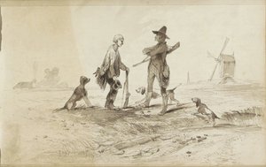 Jägare med hundar i ett landskap med en väderkvarn av Johannes Tavenraat