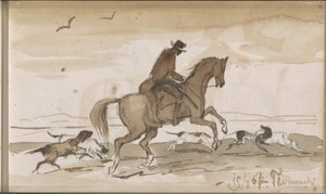 Landskap med en ryttare och springande hundar av Johannes Tavenraat
