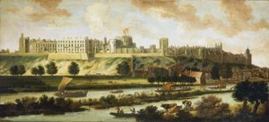 Vy över Windsor Castle, och hela panoramat som omger byggnaden, med beskrivning av parken och aktiviteter på floden, en mängd olika båtar, från fiskebåtar till kungliga skepp