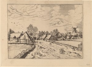 Country Village med Post Mill av Johannes and Lucas van Doetechum after Master of the Small Landscapes