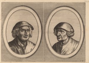 "Hans Onvertsaeght" och "Koen Slock-speck" av Johannes and Lucas van Doetechum after Pieter Bruegel the Elder