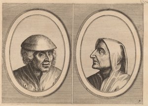"Kees Geldt-sack" och "Kaarighe Truy" av Johannes and Lucas van Doetechum after Pieter Bruegel the Elder