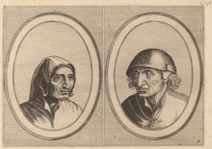 "Rijckje Schimmel-penninghs" och "Lubbert Leever-korv" av Johannes and Lucas van Doetechum after Pieter Bruegel the Elder
