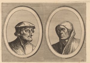 "Voorsichtighe Krijn" och "Broentje Spaer-pots" av Johannes and Lucas van Doetechum after Pieter Bruegel the Elder