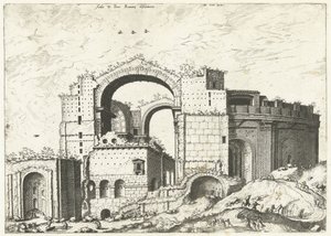 Gezicht op de Sint Pieter i Rom Deformation av Aedis D. Peter Romana (titel på objekt) Romerska ruiner, 1561 (serietitel)