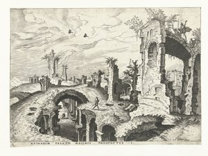Vy över ruiner på Palatine Hill i Rom Romerska ruiner, 1561 (serietitel)