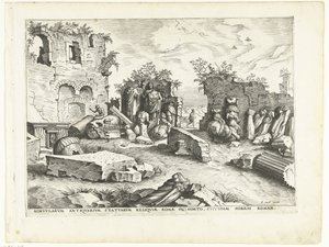 Trädgård med fragment av antika statyer Romerska ruiner, 1561 (serietitel)