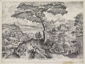 Landskap med vilande soldater Milites Requiescentes (titel på objekt) Stora landskap (serietitel) av Johannes of Lucas van Doetechum