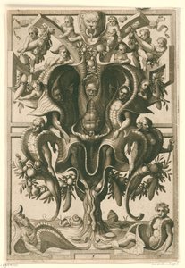 Skalliknande prydnad i vilken figurer sitter fängslade. Veelderleij Wisselinghe van grotissen ende Compertimenten (...)Libro Primo (serietitel)