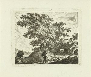 Landskap med gård och man med bög