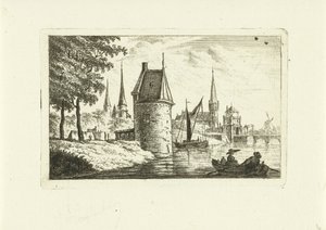 Stadsbild med torn på floden