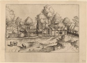 Landsby med kyrka av Johannes van Doetechum, the Elder and Lucas