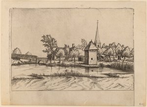 Landsby med kyrka och bro