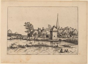 Landsby med kyrka och bro