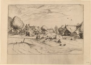 Landsby med får och sittande herde