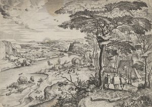 Åker till Emmauslandskap med pilgrimer i Emmaus, ca. 1555-56. Skapare: Johannes van Doetecum I, Lucas van Doetecum. av Johannes and Lucas van Doetecum