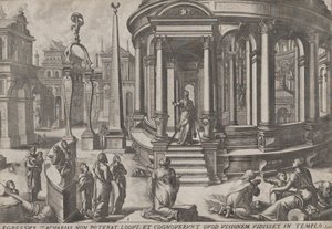 Zacharias Stepping out of the Temple, från serien Events in and around the Temple,..., ca. 1572. Skapare: Johannes van Doetecum I, Lucas van Doetecum. av Johannes and Lucas van Doetecum