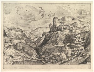 Alpinlandskap med en djup dal från The Large Landscapes, ca. 1555-56.