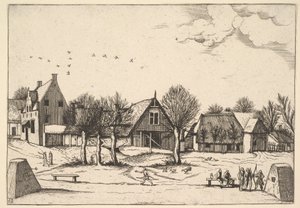 Country Village, bågskyttar i förgrunden från Multifariarum casularum ruriumque linea..., 1559-61. av Johannes van Doetecum I