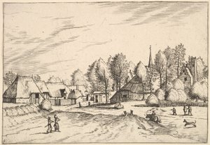 Landsby med kyrktorn från Multifariarum casularum landsbygden har cur..., 1559-61 av Johannes van Doetecum I