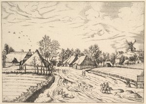 Landsby med postkvarn från Multifariarum casularum curios funktioner..., 1559-61 av Johannes van Doetecum I