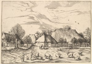 Gårdar, boskap med herdar och mjölkpigor i förgrunden från Multifariarum casularu..., 1559-61. av Johannes van Doetecum I