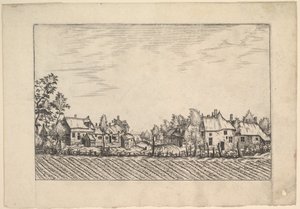 Gårdar, plöjd åker i förgrunden från Praediorum villarum et rusticarum casu..., ca. 1559-61. av Johannes van Doetecum I