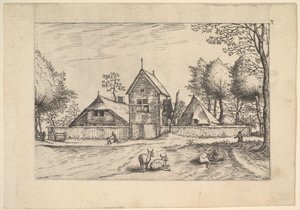 Gård, kor och herde i förgrunden från Praediorum villarum et rusticar..., ca. 1559-61. av Johannes van Doetecum I