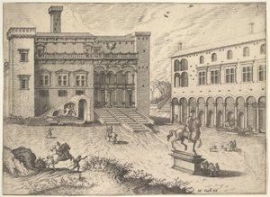 Utsikt över Campidoglio på Capitoline Hill, med ryttarstatyn nere till höger, från..., 1562.