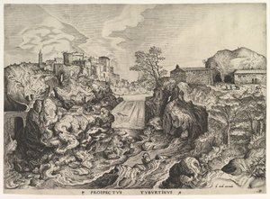 Vy över Tiber Tivoli Prospectus Tyburtinus från The Large Landscapes, ca. 1555-56. av Johannes van Doetecum I