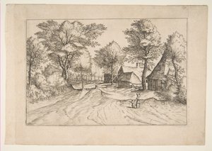 Village Road with a Farm and Sheds, från serien, The Small Landscapes Multifariaru..., 1559-61. av Johannes van Doetecum I