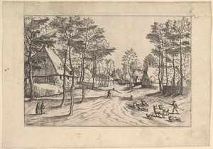 Bygata, boskap, får och herde i förgrunden från Praediorum villar..., ca. 1559-61.