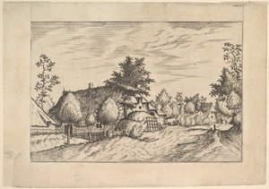 Bygata, hö staplat framför en gård från Praediorum villarum et rusticar..., ca. 1559-61. av Johannes van Doetecum I