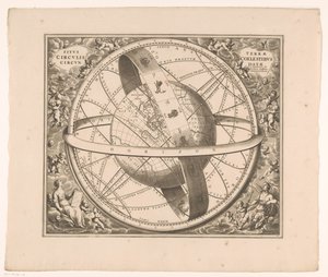 Hemelkaart av jorden enligt Ptolemaeus system Jordens position omgiven av himmelska cirklar (titel på objekt) av Johannes van Loon