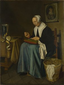 En gammal kvinna sittande sömnad, 1655 av Johannes van der Aeck