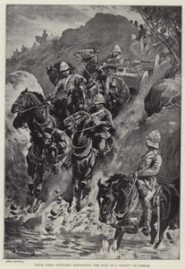Natals fältartilleri som går ner mot stranden av en "spruta" eller ström (litho)