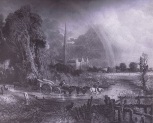Salisbury Cathedral från ängarna, Bibbys Annual av John (after) Constable