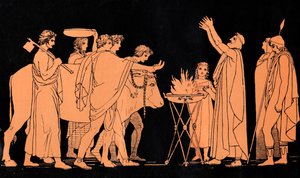 Nestor, kung av Pylos och tidigare krigare i trojanska kriget, offrar tjurar till Poseidon, scen ur "Odysséen" av Homeros (tryck)