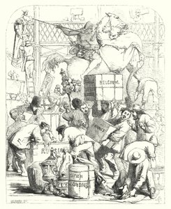 Ankomst av varor som ska ställas ut på den stora utställningen 1851, Crystal Palace, Hyde Park, London (gravyr) av John (after) Gilbert