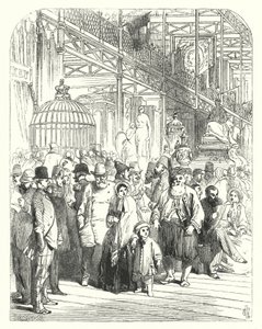 Utställare och besökare i Crystal Palace, Hyde Park, London, platsen för den stora utställningen 1851 (gravyr)
