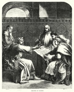 Kung John vägrar att underteckna Magna Charta i Oxford, 1215 (gravyr) av John (after) Gilbert