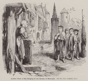 Martin Luther när en pojke sjunger på Eisenachs gator (gravyr) av John (after) Gilbert
