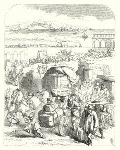 Fartyg och tåg som tar besökare till den stora utställningen 1851, Crystal Palace, Hyde Park, London (gravyr) av John (after) Gilbert
